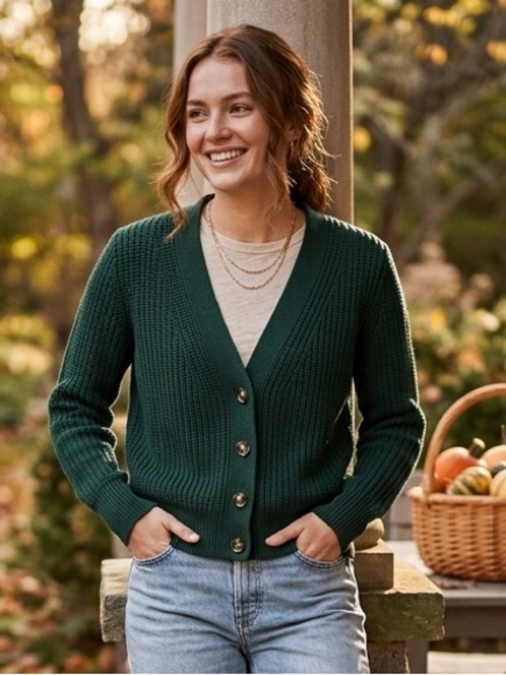GAP Shaker Knit V-Neck Cardigan Sweater - Forest Green - Size S